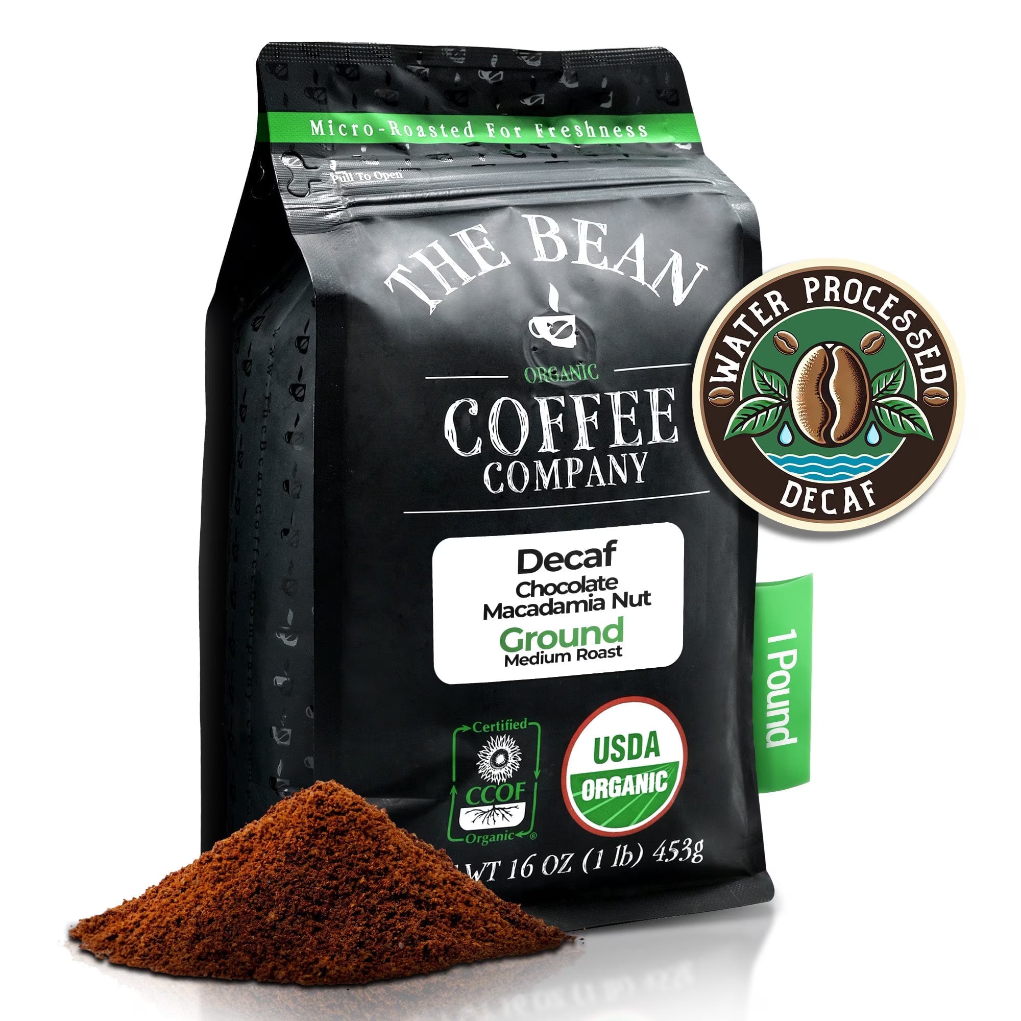 The Bean Organic Coffee Company Water Processed DECAF Chocolate Macadamia Nut Coffee – Medium Roast Ground, 16 oz