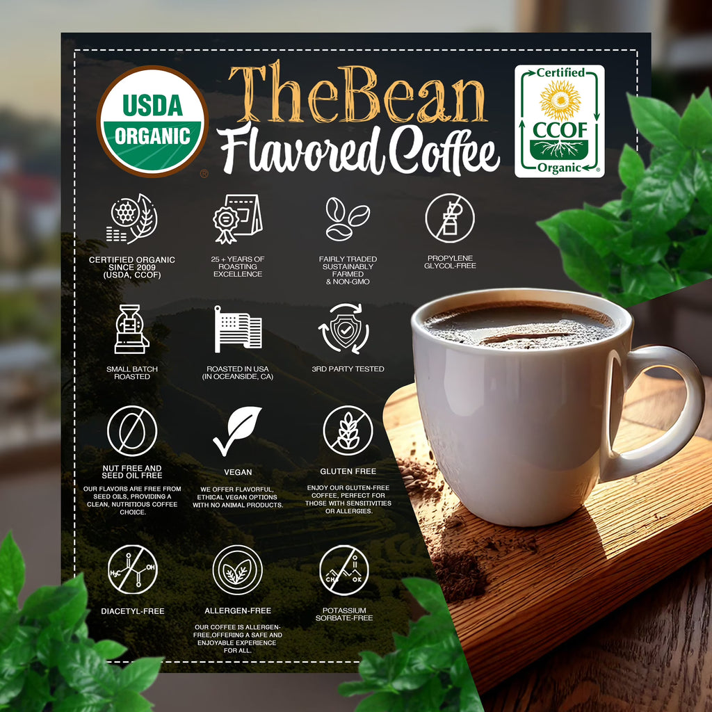 The Bean Organic Coffee Company Water Processed DECAF Chocolate Macadamia Nut Coffee – Medium Roast Ground, 16 oz