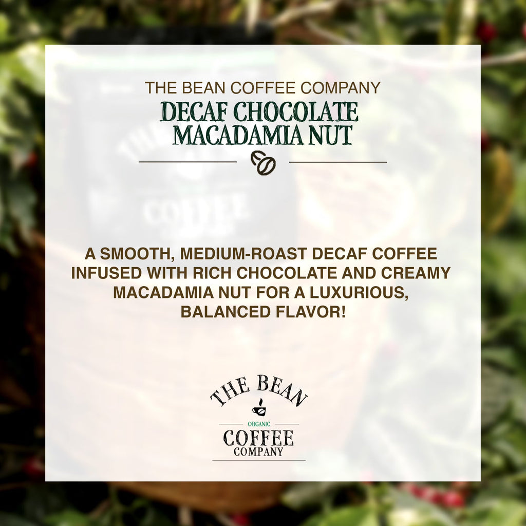 The Bean Organic Coffee Company Water Processed DECAF Chocolate Macadamia Nut Coffee – Medium Roast Ground, 16 oz