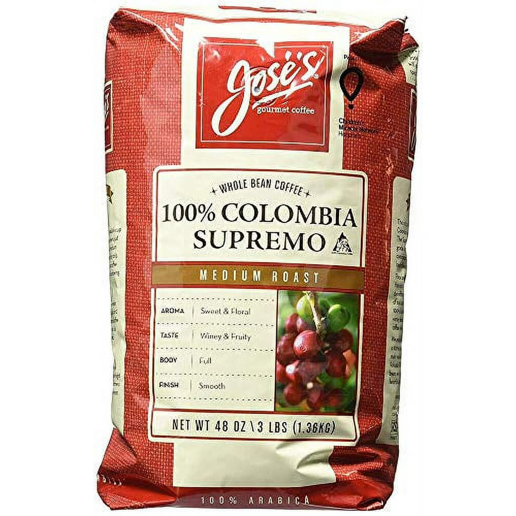 Jose's Whole Bean Coffee 100% Colombia Supremo – Medium Roast, 3 lb (1.36 kg)